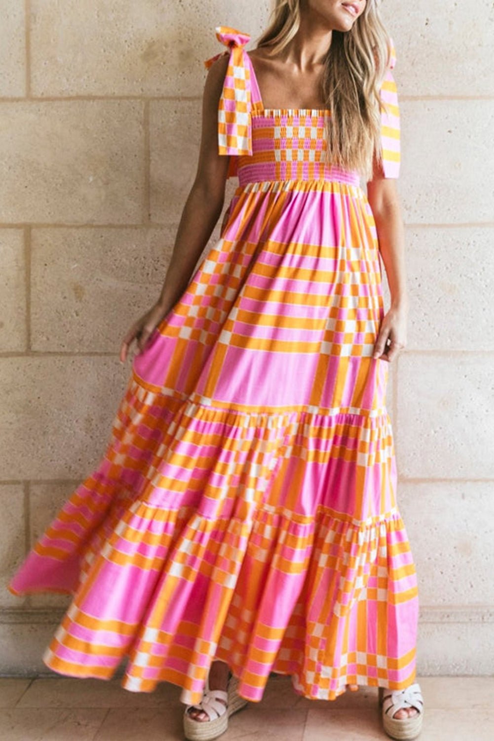 Emma - pink gingham smocked maxi